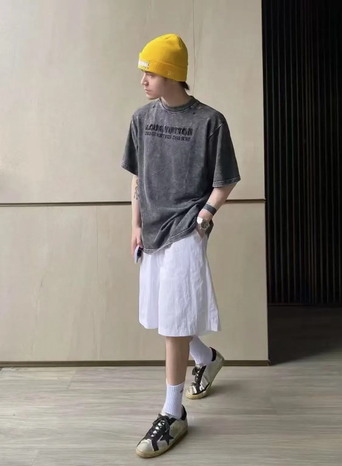 Louis Vuitton/Louis Vuitton 25ss embroidered letters washed distressed short sleeves